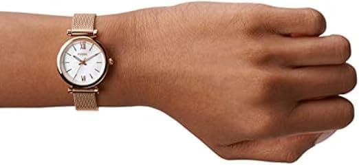 Fossil Carlie Mini horloge voor dames, Quartz uurwerk met roestvrij stalen of leren band, Roze goudtint en wit