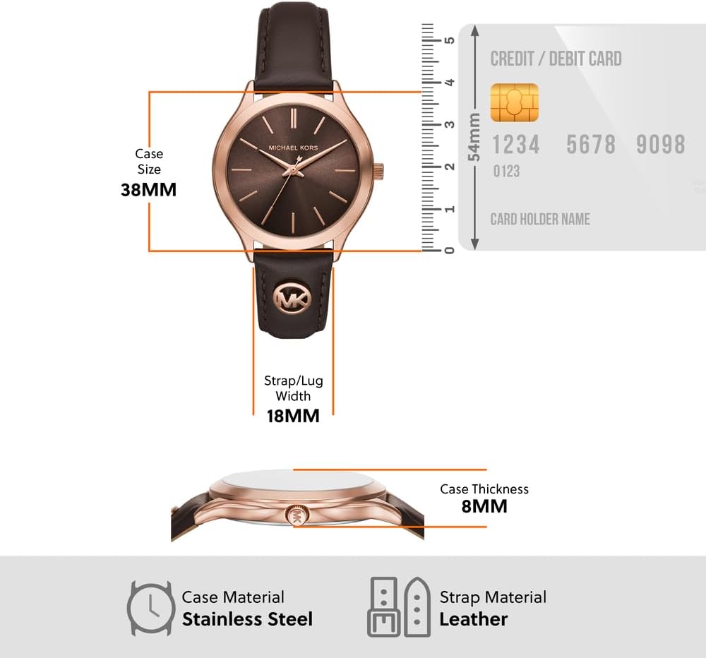 Michael Kors Slim Runway Horloge voor dames, 38mm Driehandig kwartsuurwerk met lederen horlogeband