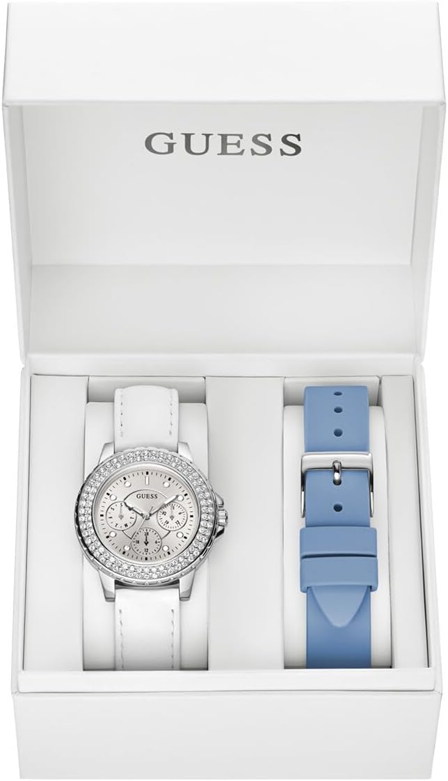 GUESS Dames sport kristal multifunctioneel 36 mm horloge - witte wijzerplaat rose goudkleurige roestvrijstalen kast met blauwe siliconen band