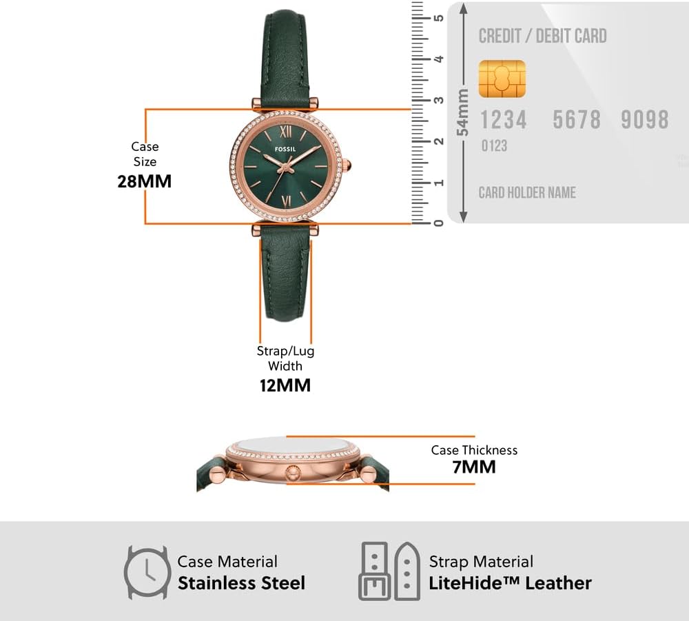 Fossil Carlie Watch for Women, Quartz movement with Stainless steel or Leather Strap