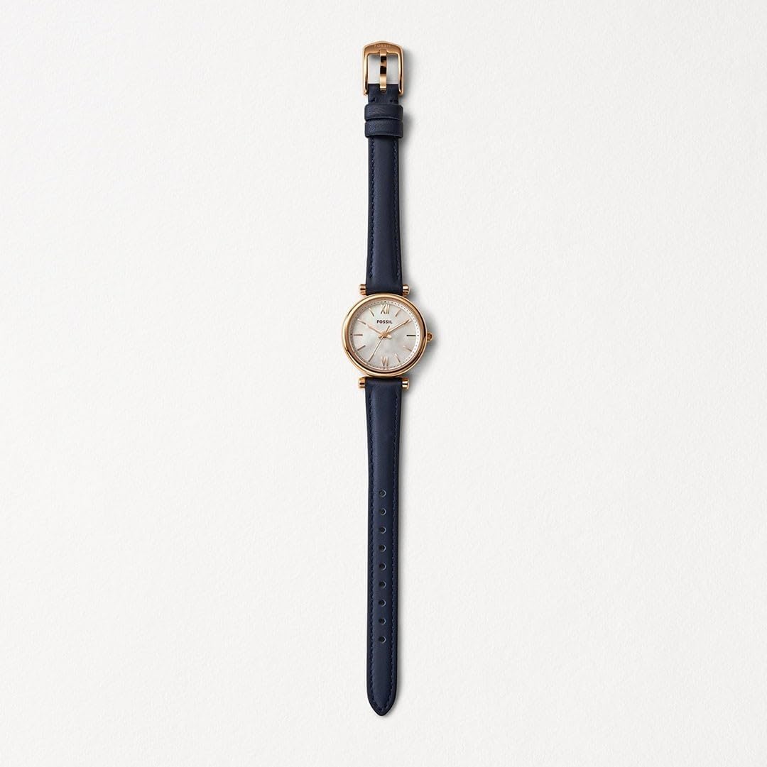 Fossil Carlie Mini horloge voor dames, Quartz uurwerk met roestvrij stalen of leren band, Blauw en roségoudkleur