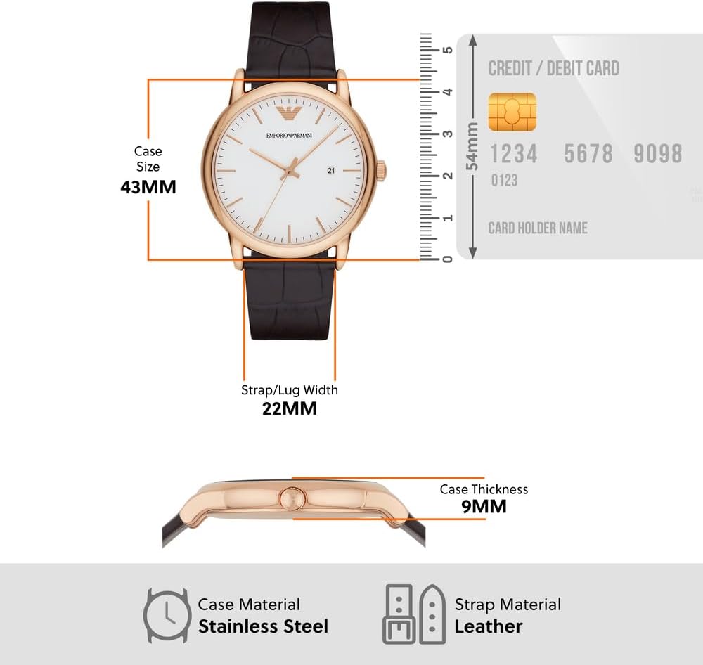 Emporio Armani Herenhorloge met drie wijzers, roestvrijstalen horloge, 43 mm kastgrootte