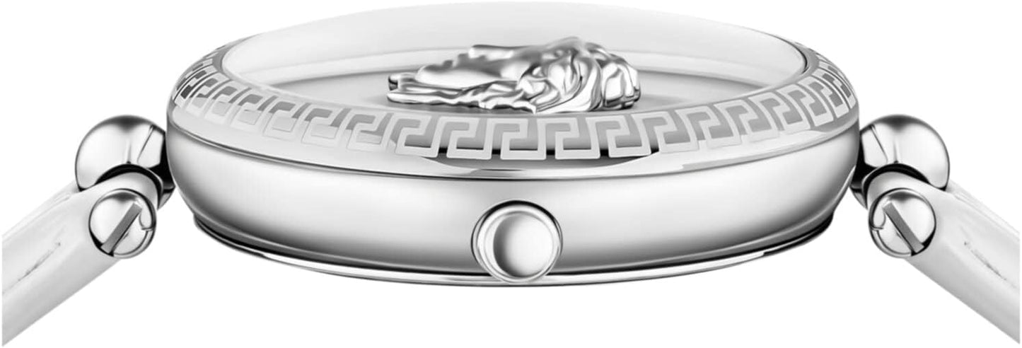 Versace Palazzo Empire Collection Luxe dameshorloge met witte armband met roestvrijstalen kast en witte wijzerplaat, roestvrij staal, bot, Palazzo Empire, roestvrij staal, bot,, Roestvrij staal, OS
