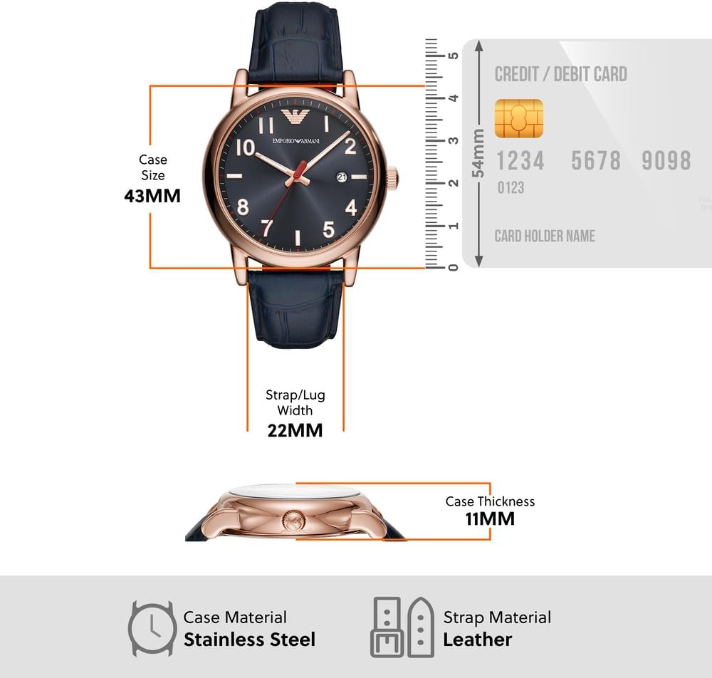 Emporio Armani Herenhorloge met drie wijzers, roestvrijstalen horloge, 43 mm kastgrootte