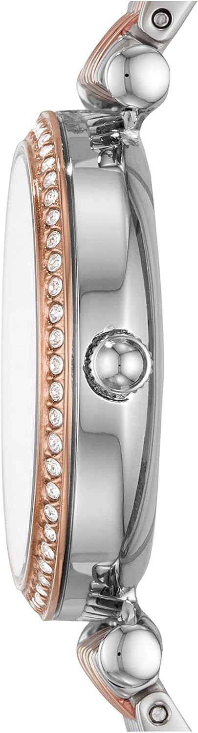 Fossil Carlie Mini horloge voor dames, Quartz uurwerk met roestvrij stalen of leren band, Zilverkleurig en roségoudkleurig