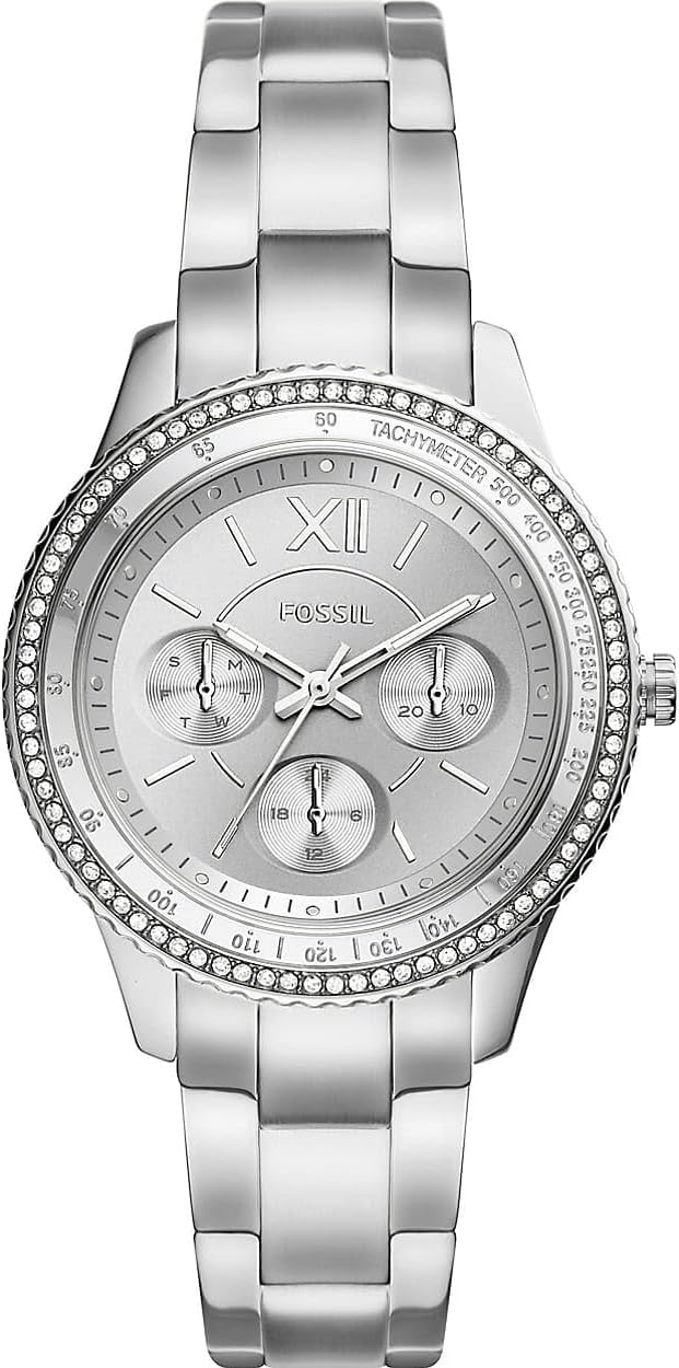 Fossil Stella horloge voor dames, chronograaf uurwerk met roestvrij stalen of leren band