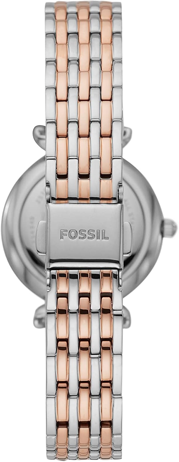 Fossil Carlie Mini horloge voor dames, Quartz uurwerk met roestvrij stalen of leren band, Zilverkleurig en roségoudkleurig