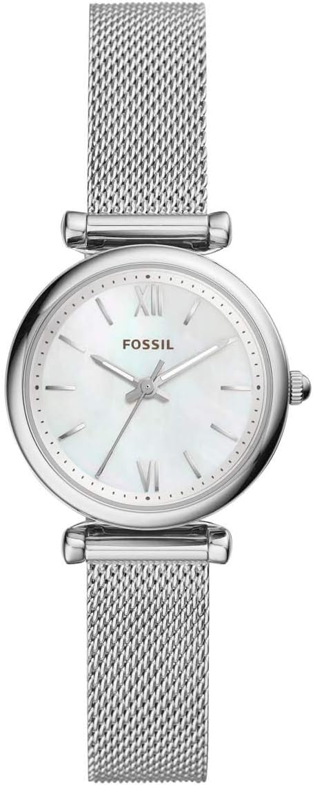 Fossil Carlie Mini horloge voor dames, Quartz uurwerk met roestvrij stalen of leren band, Zilverkleur en Wit