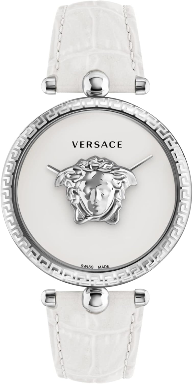 Versace Palazzo Empire Collection Luxe dameshorloge met witte armband met roestvrijstalen kast en witte wijzerplaat, roestvrij staal, bot, Palazzo Empire, roestvrij staal, bot,, Roestvrij staal, OS