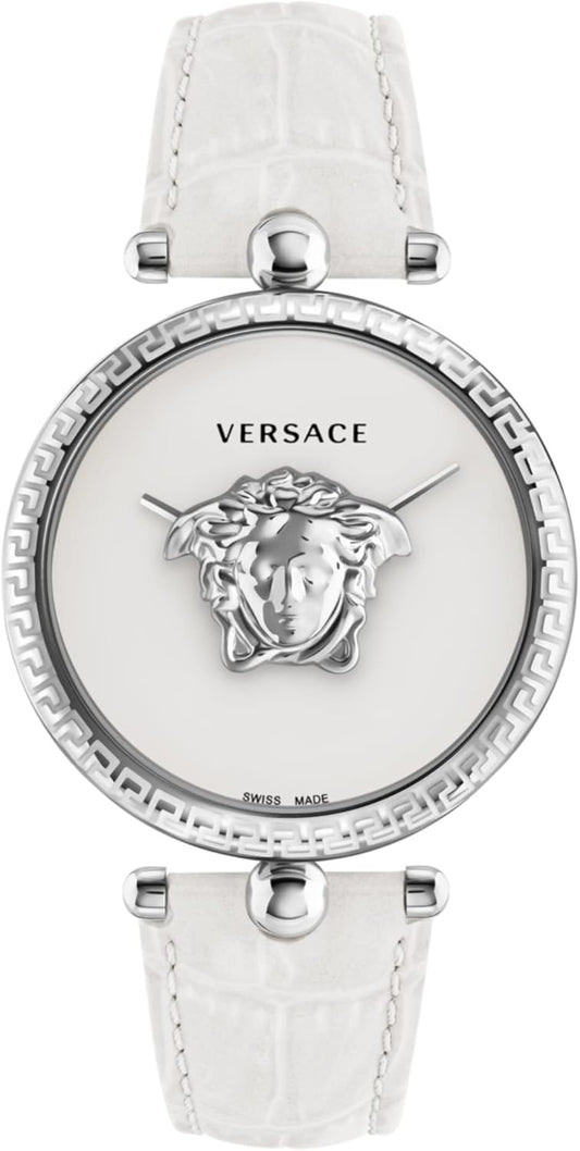 Versace Palazzo Empire Collection Luxe dameshorloge met witte armband met roestvrijstalen kast en witte wijzerplaat, roestvrij staal, bot, Palazzo Empire, roestvrij staal, bot,, Roestvrij staal, OS