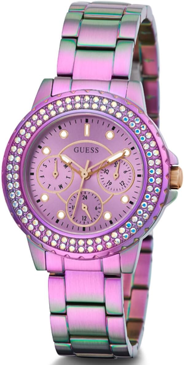 GUESS Dames sport kristal multifunctioneel 36 mm horloge - witte wijzerplaat rose goudkleurige roestvrijstalen kast met blauwe siliconen band