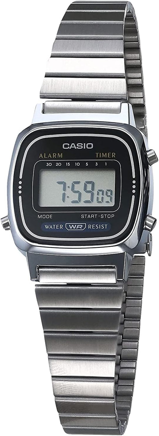 Casio LA670WA-1 herenhorloge, roestvrij stalen armband, zilver, Geborsteld metaal/pistoolmetaal/lcd, MUJER, jurk