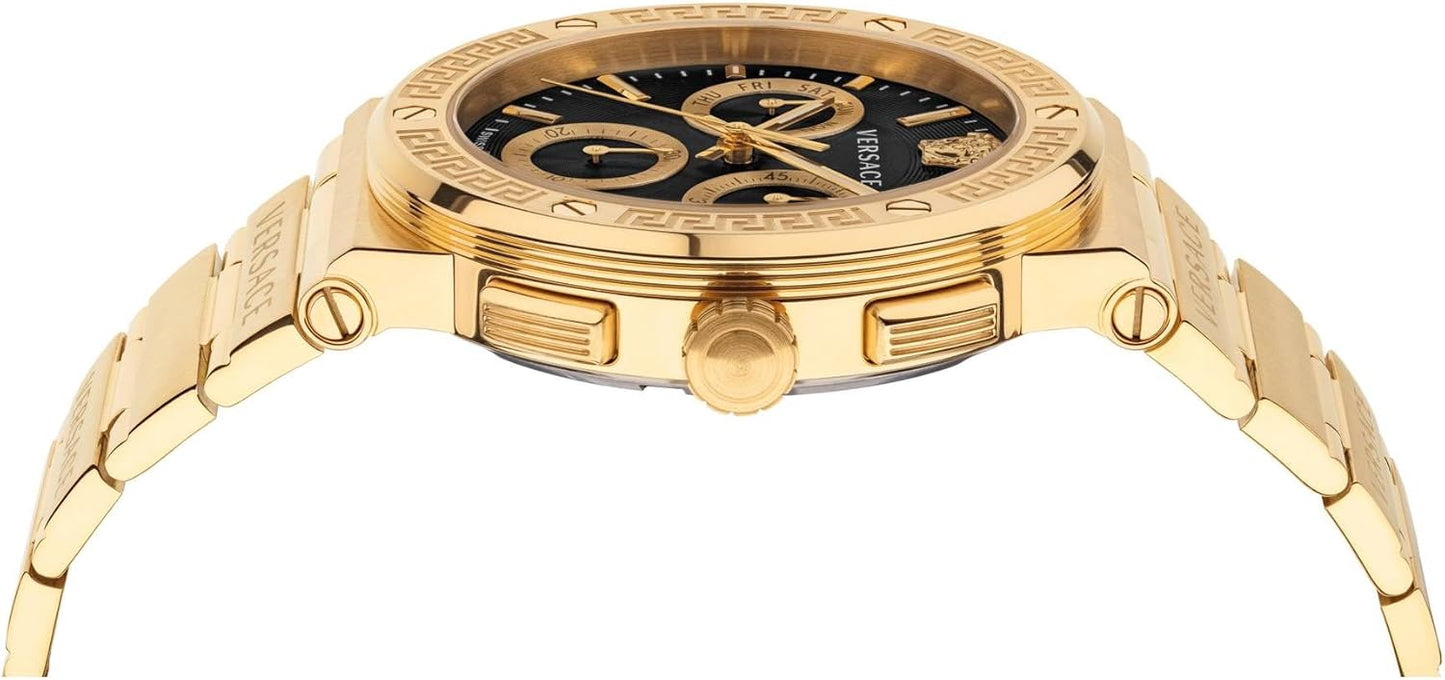Versace Greca Logo Chr.43 Mm Chronograaf Quartz Zwarte Wijzerplaat Saffier Glas Heren Horloge VEZ900421, Goud-Tone, Hedendaags, Goud-toon, hedendaags