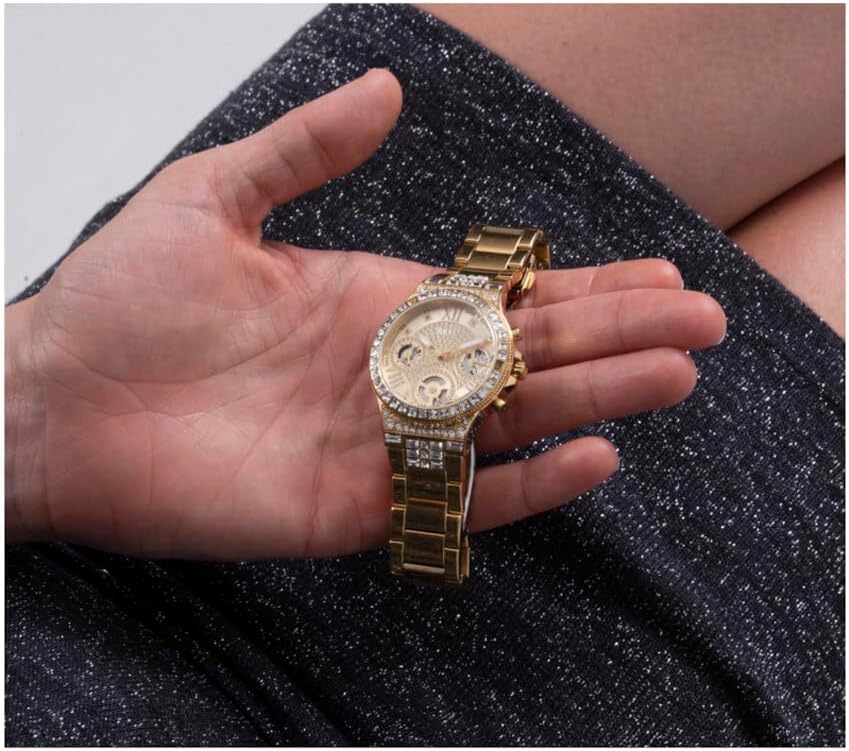 GUESS Dames sport multifunctionele Glitz met kristallen 36 mm horloge - roze wijzerplaat rose goudkleurige roestvrijstalen kast en armband