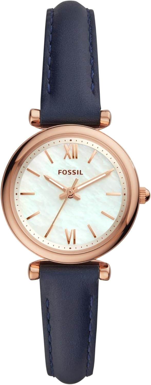 Fossil Carlie Mini horloge voor dames, Quartz uurwerk met roestvrij stalen of leren band, Blauw en roségoudkleur