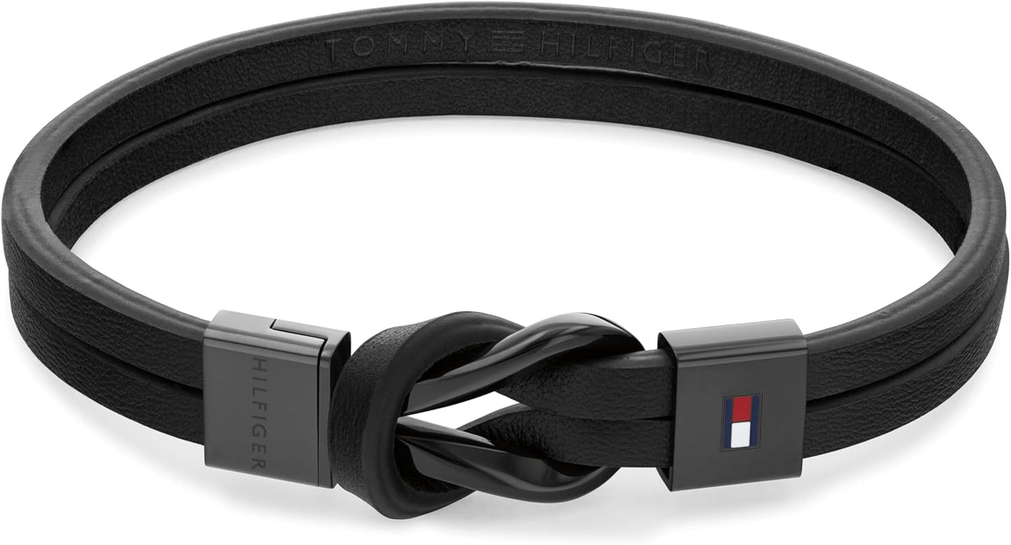Tommy Hilfiger Herren Armband aus Leder und Edelstahl in der Farbe Schwarz, Innenumfang: 19cm, 2790442