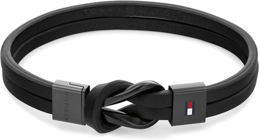Tommy Hilfiger Herren Armband aus Leder und Edelstahl in der Farbe Schwarz, Innenumfang: 19cm, 2790442