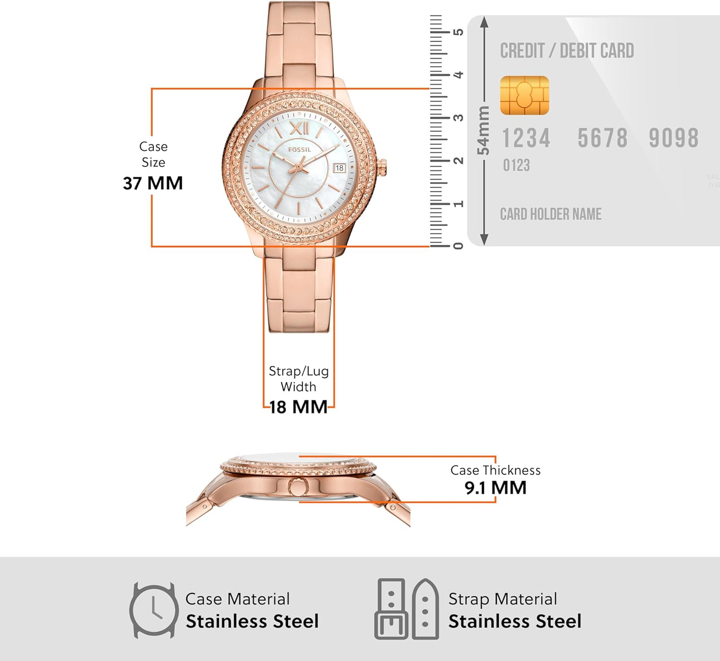Fossil Stella Horloge voor dames, kwartsuurwerk met roestvrij stalen of leren band