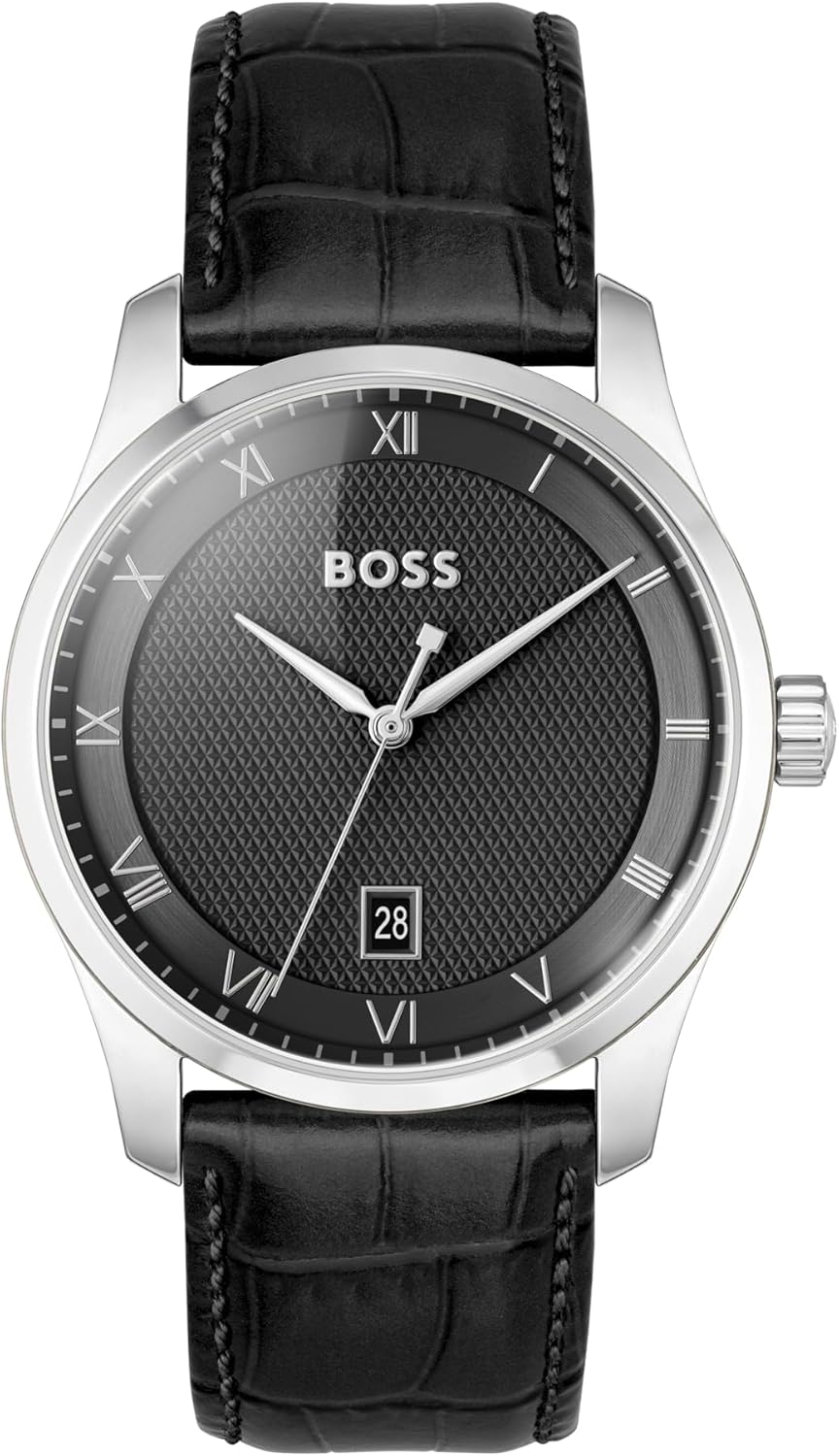 BOSS Analoog kwartshorloge voor heren uit de PRINCIPLE-collectie met leren of roestvrijstalen band, verkrijgbaar in zwart, Brown, blauw, Green en Grey