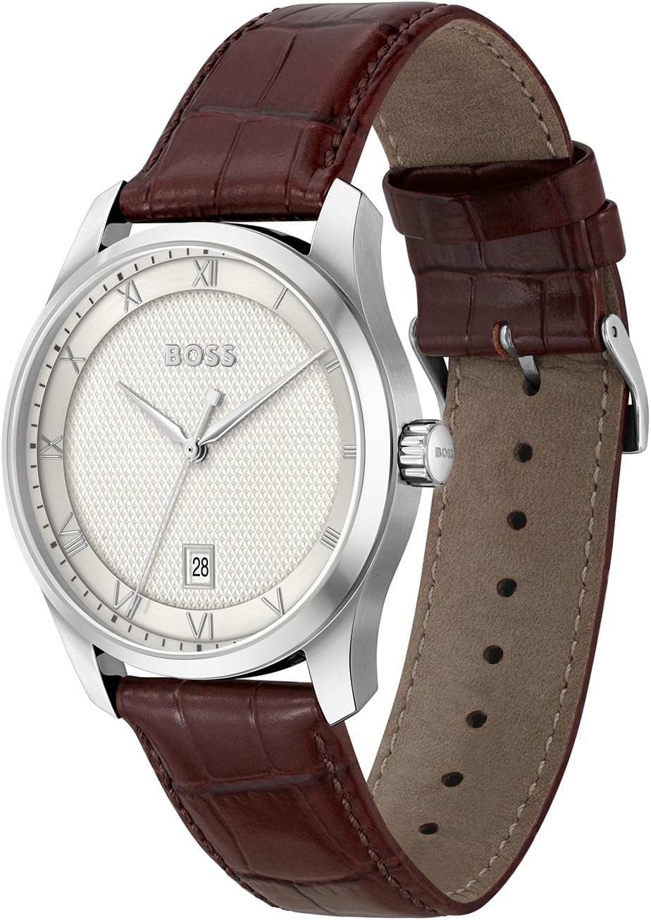 BOSS Analoog kwartshorloge voor heren uit de PRINCIPLE-collectie met leren of roestvrijstalen band, verkrijgbaar in zwart, Brown, blauw, Green en Grey