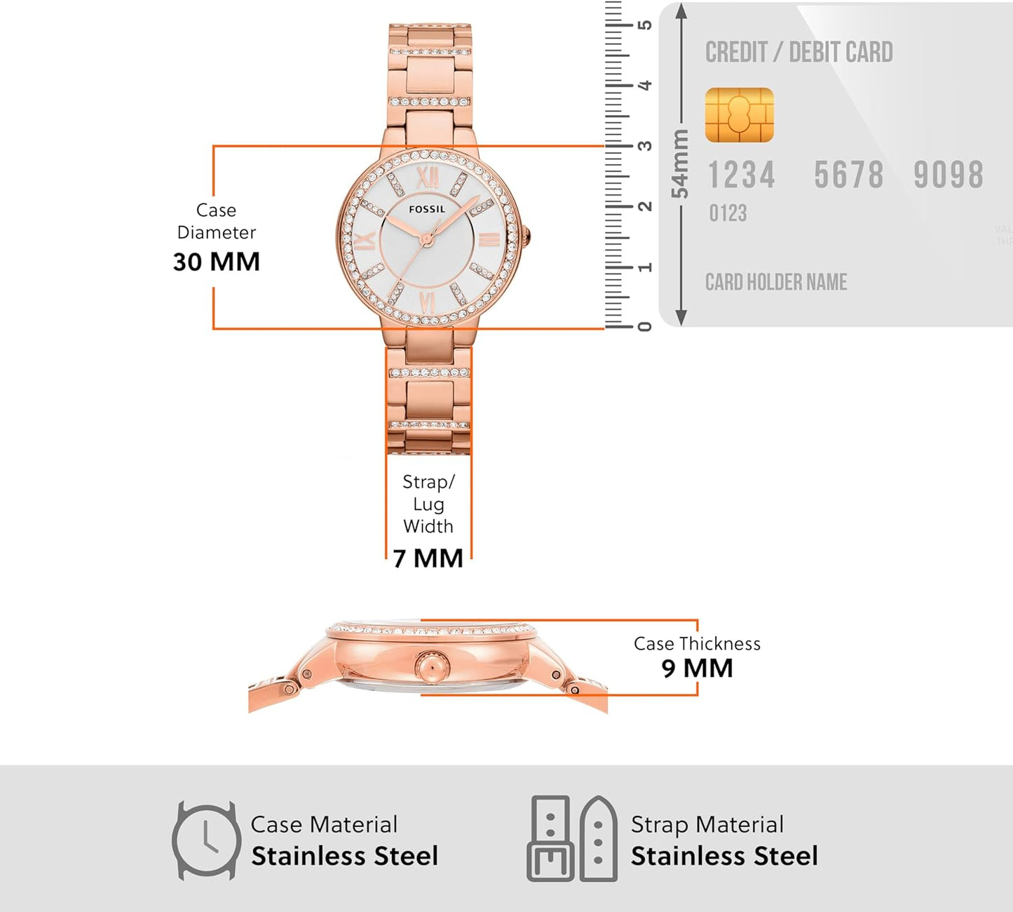 Fossil Virginia horloge voor dames, Quartz uurwerk met Stainless steel of leren band