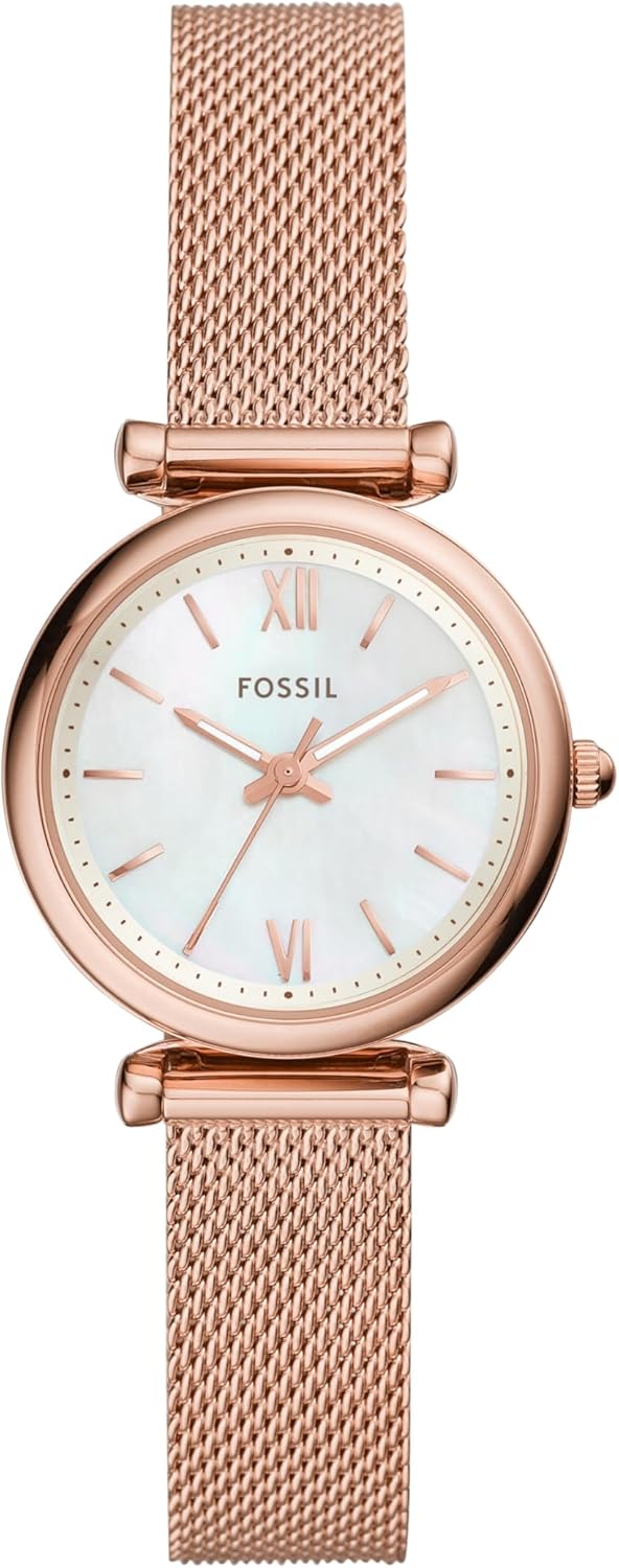 Fossil Carlie Mini horloge voor dames, Quartz uurwerk met roestvrij stalen of leren band, Roze goudtint en wit