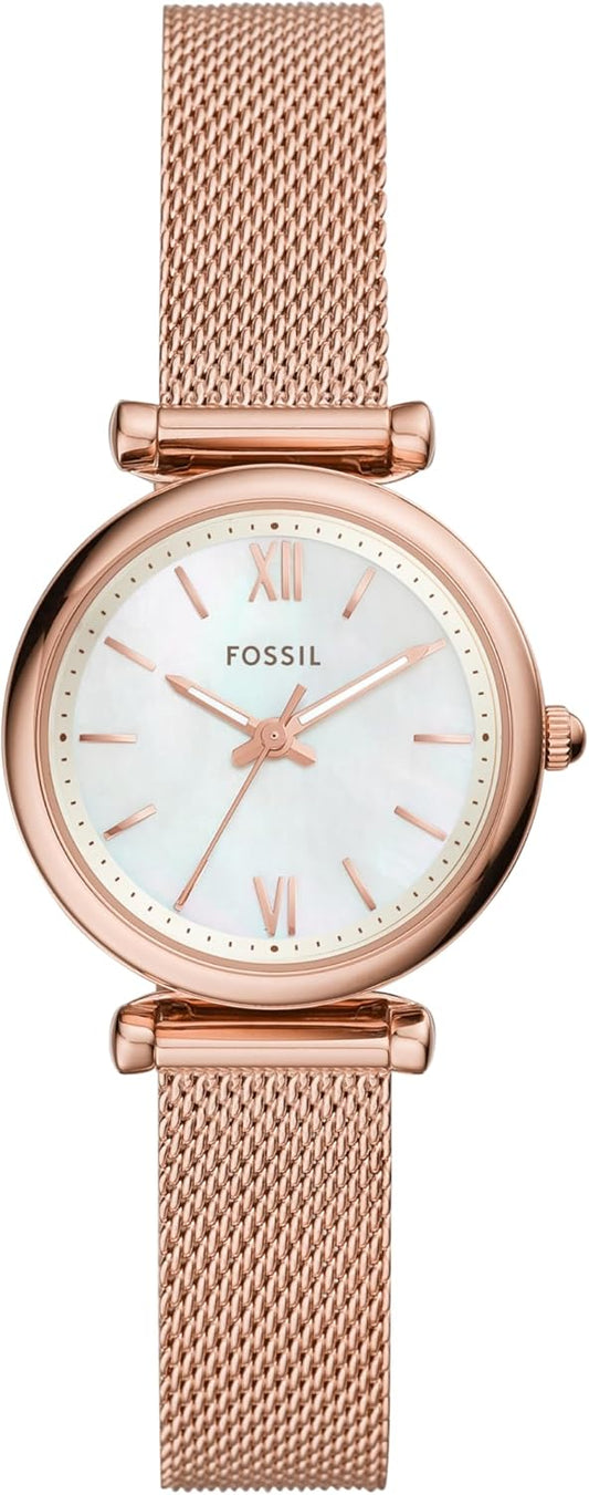 Fossil Carlie Mini horloge voor dames, Quartz uurwerk met roestvrij stalen of leren band, Roze goudtint en wit