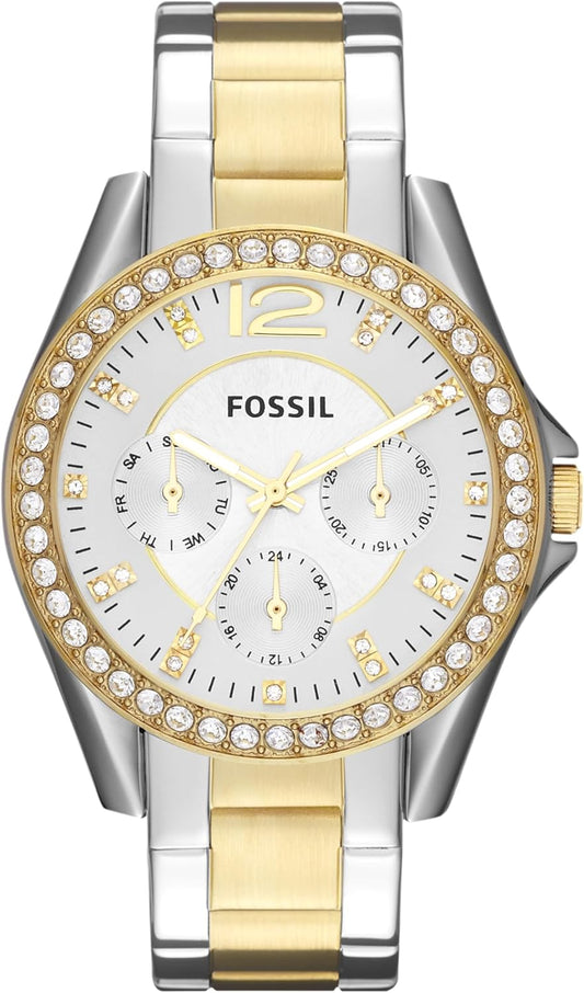Fossil Riley horloge voor dames, chronograaf uurwerk met roestvrij stalen of leren band