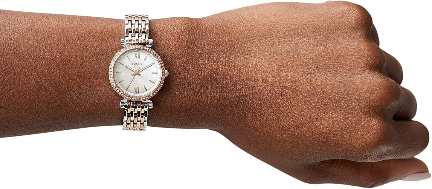 Fossil Carlie Mini horloge voor dames, Quartz uurwerk met roestvrij stalen of leren band, Zilverkleurig en roségoudkleurig