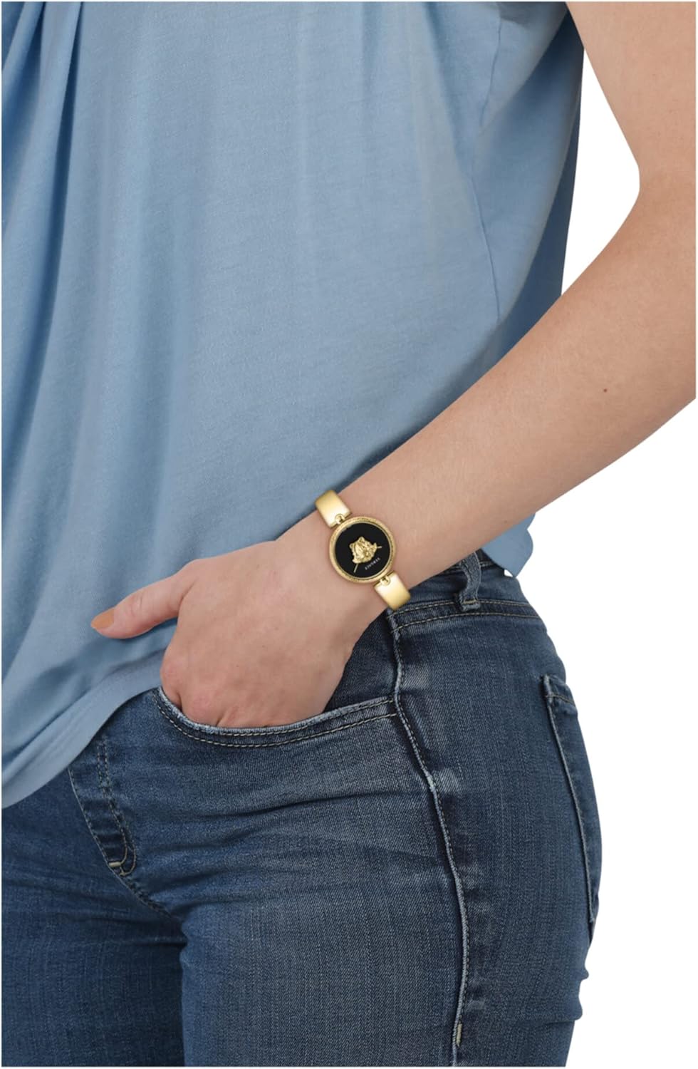 Versace Palazzo Empire Collection Luxe dameshorloge met gouden armband met gouden kast en zwarte wijzerplaat, goud, bot, Palazzo Empire, goud, bot, Palazzo Empire, Goud, OS, Palazzo Empire