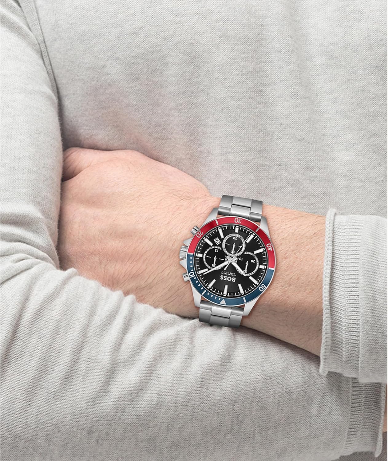 BOSS Troper Collection Heren Quartz Chronograaf Horloge met Zilveren Roestvrij Stalen Band - 1514108, Voorverpakt Assortiment, Voorverpakt assortiment, armband