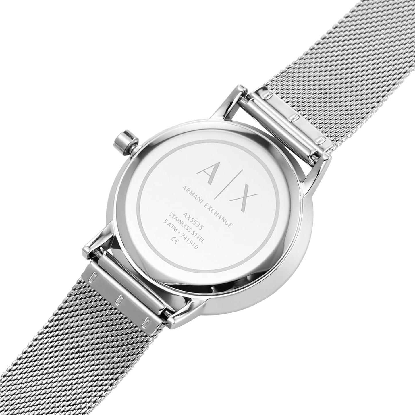 Armani Exchange Roestvrij stalen dameshorloge met drie wijzers, 36 mm behuizingsgrootte, roestvrijstalen mesh-armband
