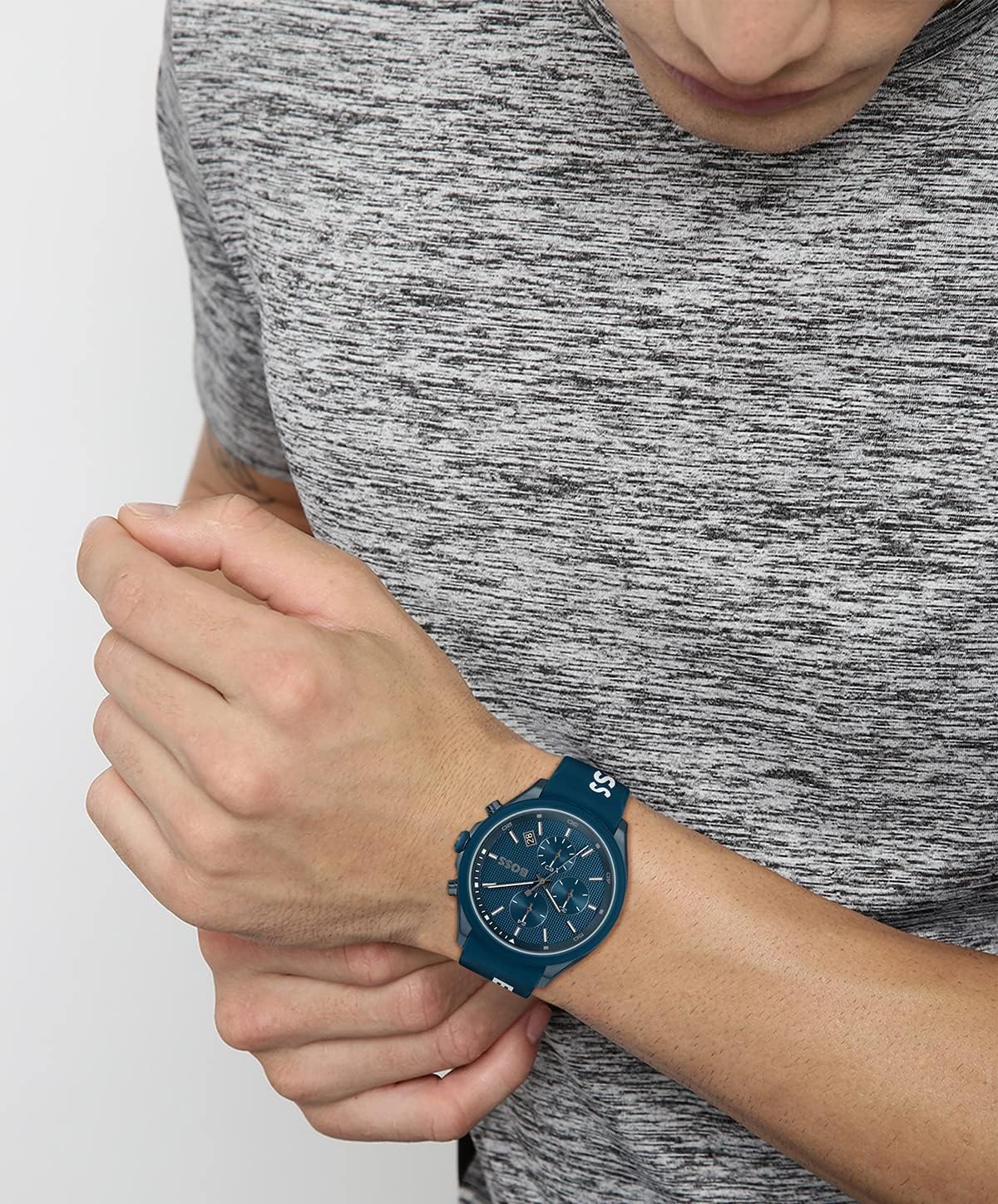 BOSS Velocity-herenhorloge met 44 mm chronograaf kwartshorloge met siliconen band, datumfunctie, 3 sub-wijzerplaten, 5ATM waterbestendig, Blauw, riem