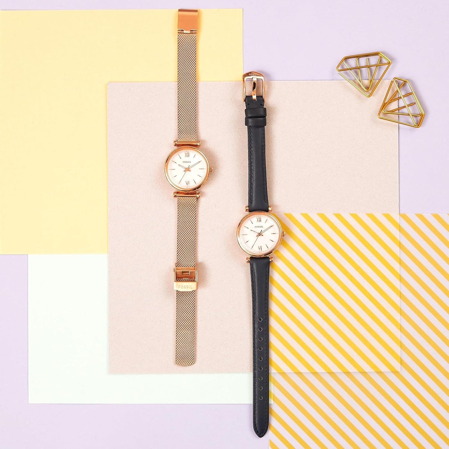Fossil Carlie Mini horloge voor dames, Quartz uurwerk met roestvrij stalen of leren band, Blauw en roségoudkleur