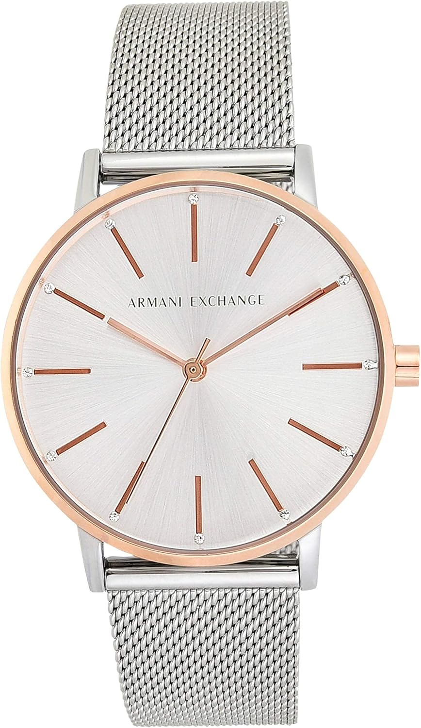 Armani Exchange Roestvrij stalen dameshorloge met drie wijzers, 36 mm behuizingsgrootte, roestvrijstalen mesh-armband
