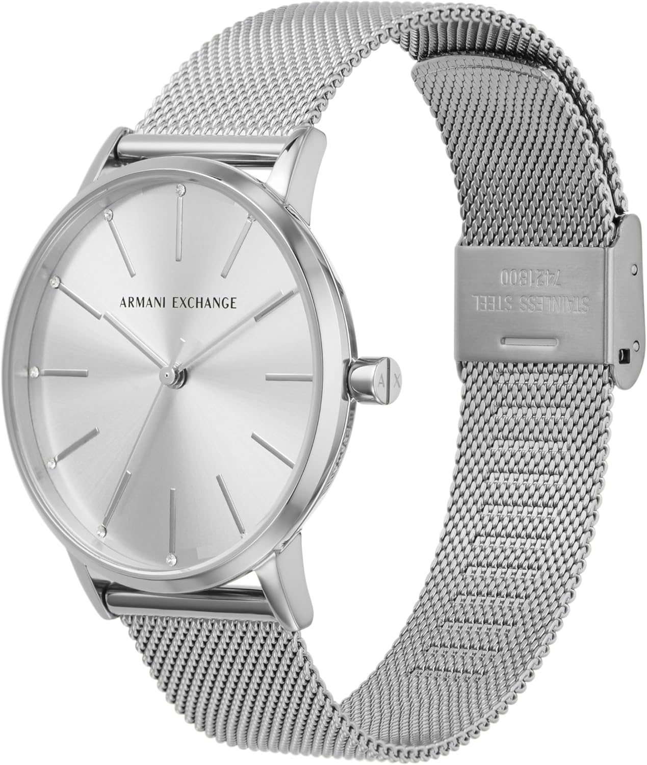 Armani Exchange Roestvrij stalen dameshorloge met drie wijzers, 36 mm behuizingsgrootte, roestvrijstalen mesh-armband