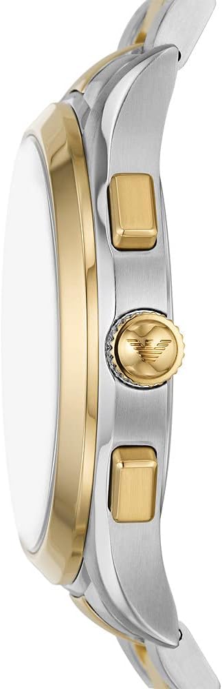 Emporio Armani Herenhorloge analoog kwarts met roestvrijstalen armband, meerkleurig, AR11579, Goud- en blauwe tint, Dit horloge heeft een sportief elegant design vanwege de ronde roestvrijstalen