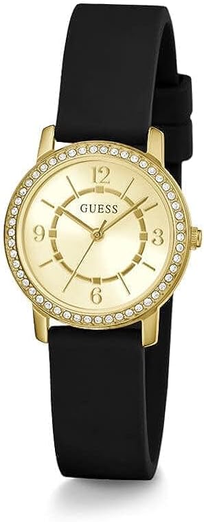 GUESS Dames 28mm horloge - goudkleurige armband witte wijzerplaat gouden toon kast