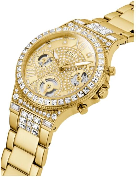 GUESS Dames sport multifunctionele Glitz met kristallen 36 mm horloge - roze wijzerplaat rose goudkleurige roestvrijstalen kast en armband