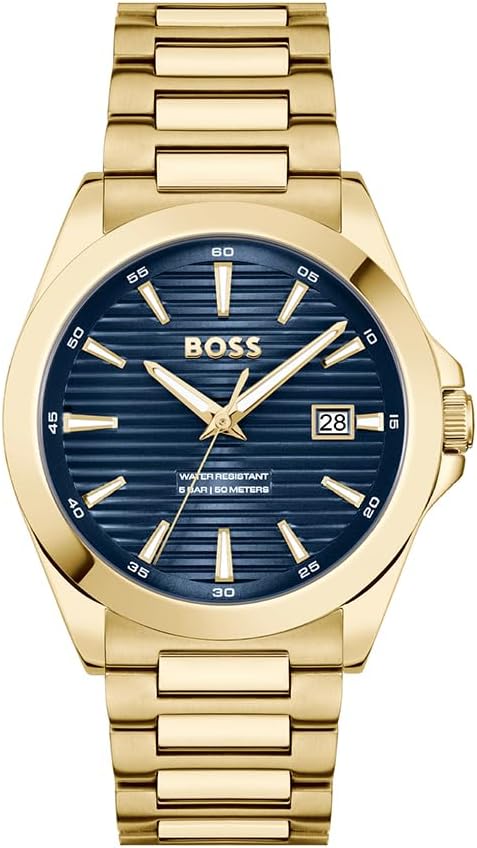 HUGO BOSS HEREN BLAUWE DIAL IONISCHE PLATED DUNNGOUD STALEN ARMBAND HORLOGE - 1514172, Blauw, Klassiek