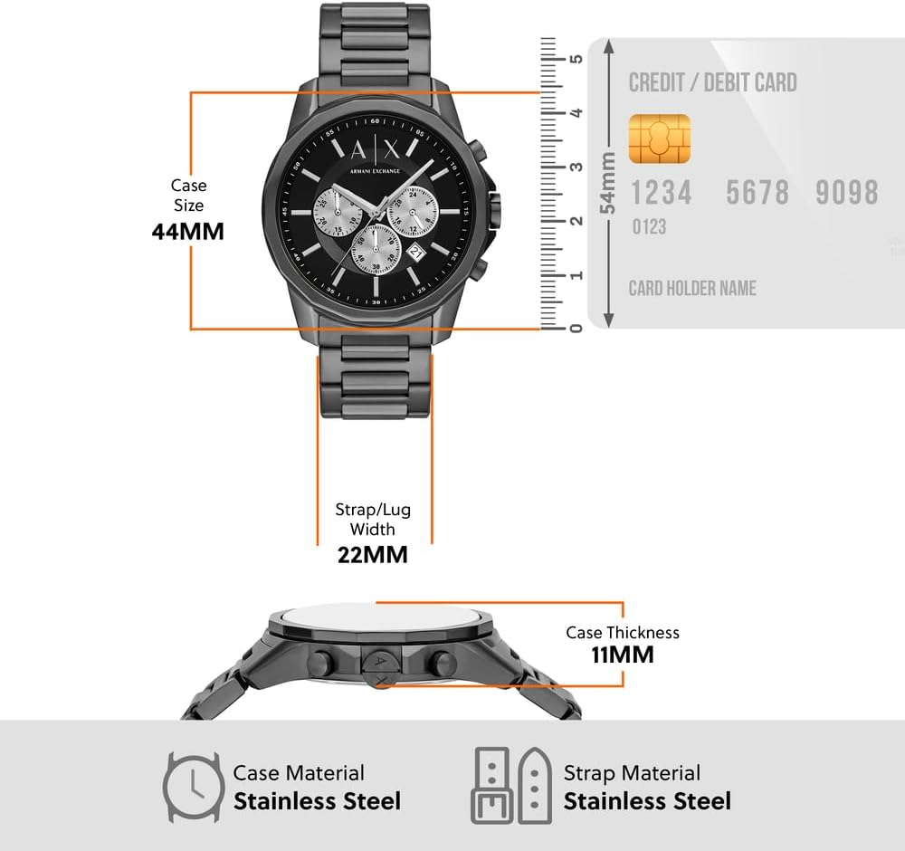 Armani Exchange Heren Analoog Quartz Horloge met Roestvrij Stalen Band AX1765, Grijs
