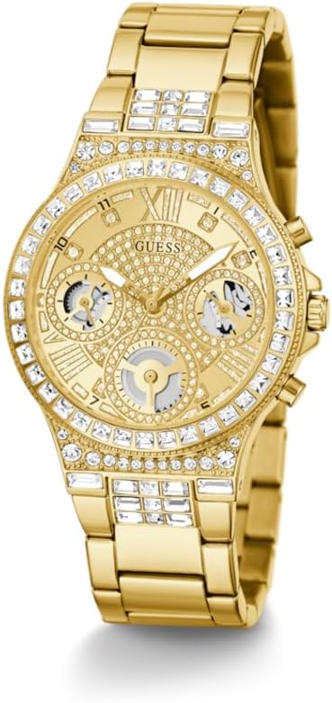 GUESS Dames sport multifunctionele Glitz met kristallen 36 mm horloge - roze wijzerplaat rose goudkleurige roestvrijstalen kast en armband