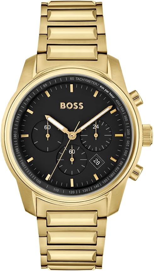 BOSS Chronograaf Quartz Horloge voor Mannen met Goud Gekleurde Roestvrij Staal Armband - 1514006, Zwart, armband