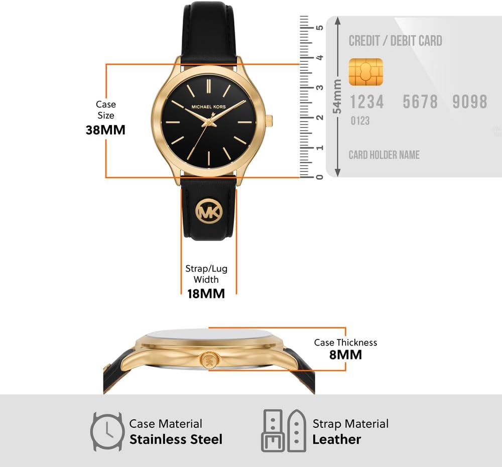 Michael Kors Slim Runway Horloge voor dames, 38mm Driehandig kwartsuurwerk met lederen horlogeband