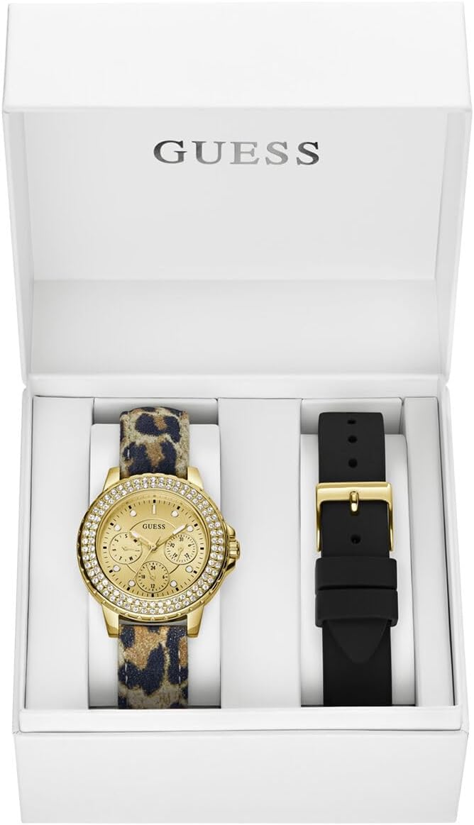 GUESS Dames sport kristal multifunctioneel 36 mm horloge - witte wijzerplaat rose goudkleurige roestvrijstalen kast met blauwe siliconen band