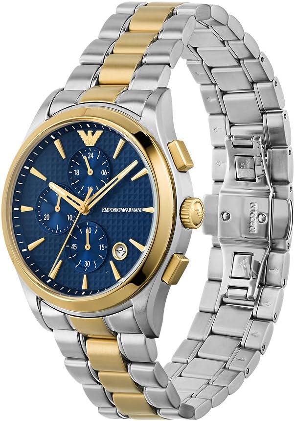 Emporio Armani Herenhorloge analoog kwarts met roestvrijstalen armband, meerkleurig, AR11579, Goud- en blauwe tint, Dit horloge heeft een sportief elegant design vanwege de ronde roestvrijstalen