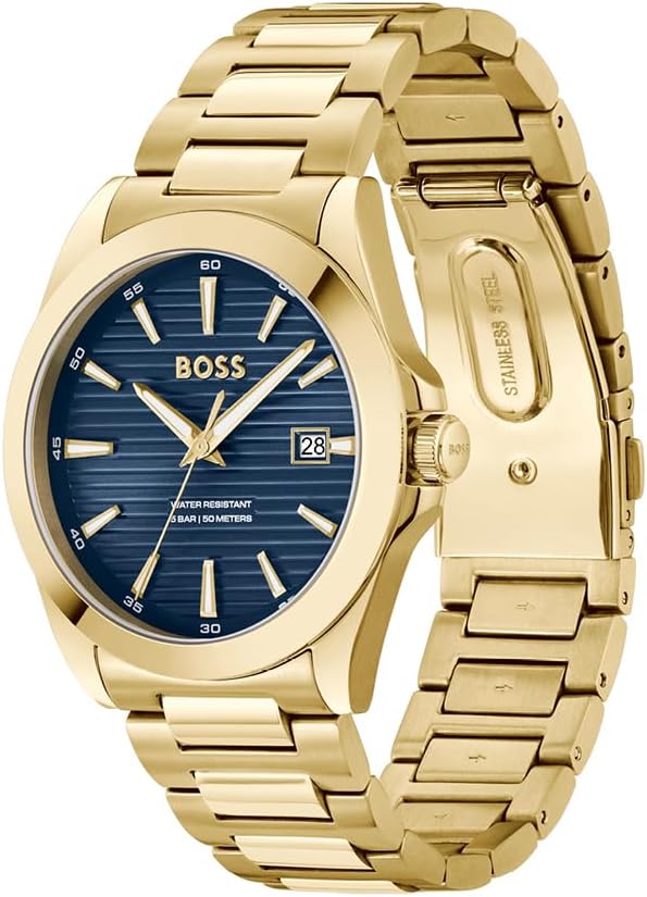 HUGO BOSS HEREN BLAUWE DIAL IONISCHE PLATED DUNNGOUD STALEN ARMBAND HORLOGE - 1514172, Blauw, Klassiek