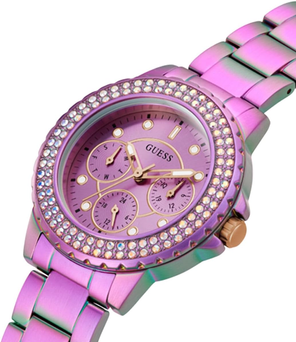 GUESS Dames sport kristal multifunctioneel 36 mm horloge - witte wijzerplaat rose goudkleurige roestvrijstalen kast met blauwe siliconen band