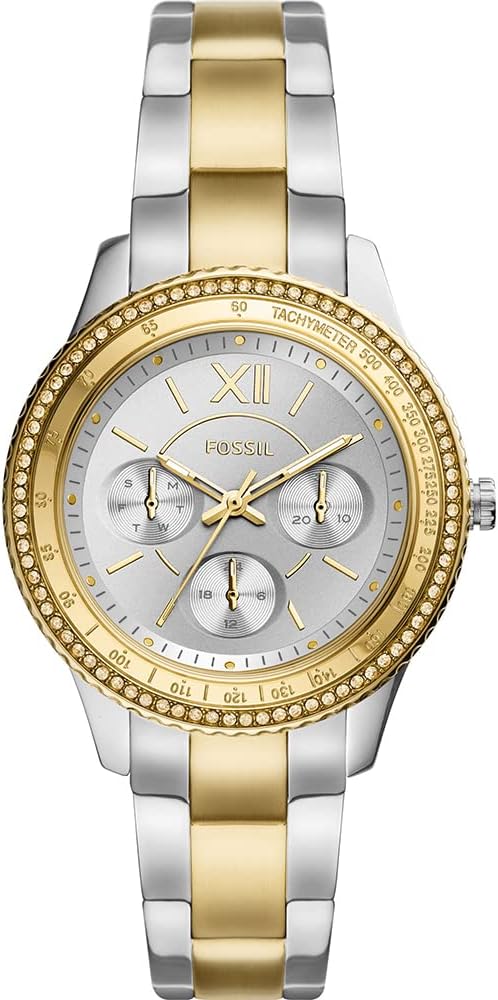 Fossil Stella horloge voor dames, chronograaf uurwerk met roestvrij stalen of leren band