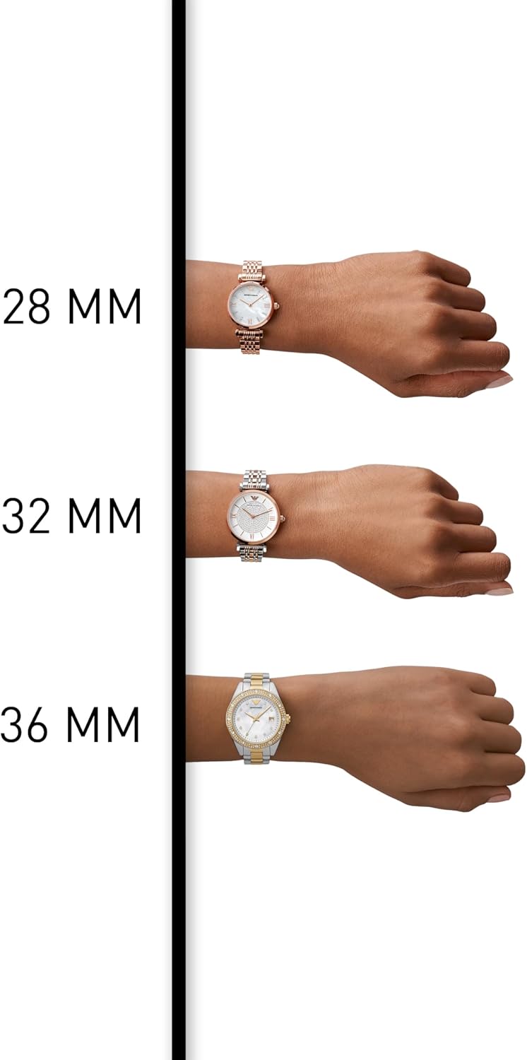 Emporio Armani Dameshorloge, kwartsuurwerk met twee wijzers en 32 mm behuizing met roestvrij staal, leren of siliconen armband